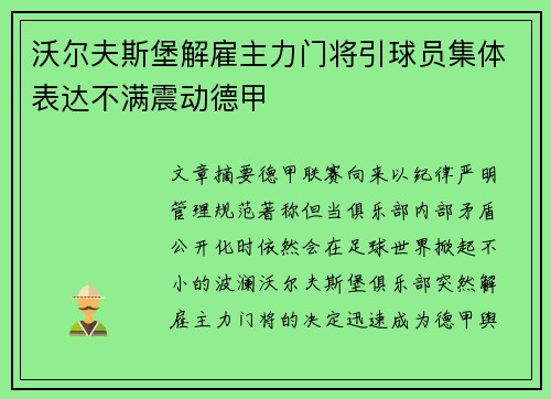 沃尔夫斯堡解雇主力门将引球员集体表达不满震动德甲 沃尔夫斯堡解雇主力门将引球员集体表达不满震动德甲