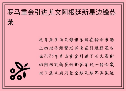 罗马重金引进尤文阿根廷新星边锋苏莱 罗马重金引进尤文阿根廷新星边锋苏莱